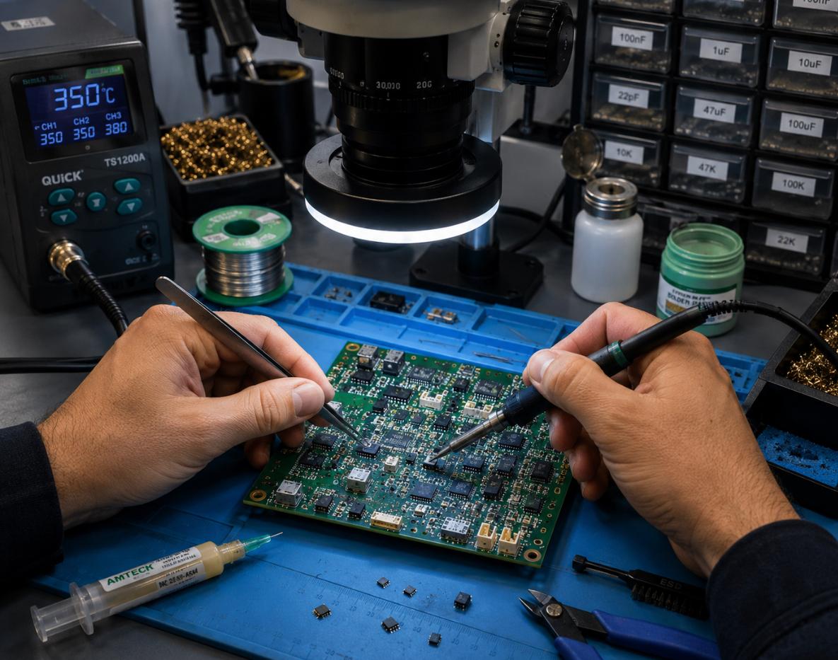 הלחמת רכיבי SMD מדויקת תחת מיקרוסקופ עם תחנת הלחמה — מעבדת TLV